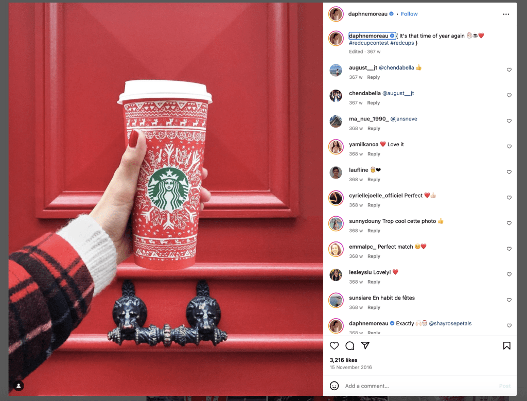 Starbucks' #RedCupContest, where customers share their creative cup designs, is a stellar example of UGC fostering engagement